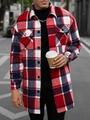 Men's casual long-sleeve shirt jacket with red, white and blue plaid checkered pattern - Burgundy
