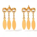Gold-plated zircon drop earrings with three dangling leaf-shaped metal charms - Gold + White Zirconia