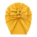 Detail of yellow soft cotton baby turban hat featuring three decorative bows - Gold