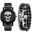 Punk style men's watch set with skull dial and black lava stone beaded bracelet - Silver + Bracelet
