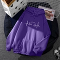 Deep purple fleece hoodie with minimalist heart pulse print and drawstring hood - S / Tops / Deep purple