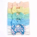 Detailed set of 5 soft nylon baby headbands with colorful knotted bows on a display card - Pink+Beige+Mint Green+Blue+White (5Pcs Set)