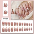 Elegant nude French ribbon press-on nails with white swirl designs and silver rhinestones - Elegant White French Streamline Painted Style (D-151) / 24 Pcs/Set