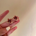 Bohemian style tulip beaded stud earrings with red and gold pearl details - Five-petal Woven Flower (4# Silver Earring Post - Red Flower Earrings)