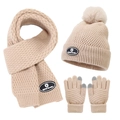 Detailed set of beige winter knit hat with pompom, scarf and touchscreen gloves - Khaki