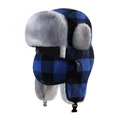 Winter trapper hat with blue plaid pattern, thick faux fur lining and windproof face mask - One Size / Blue Plaid With Mask
