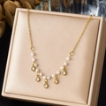 Elegant gold plated stainless steel necklace with white pearls and round crystal charms - Multi Pearls with Five Round Diamonds Style (N4098)
