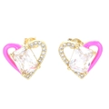 Pink enamel heart earrings with rectangular cubic zirconia and gold plating - Gold Rose Red