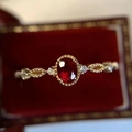 Vintage style S925 sterling silver ring with oval red gemstone and gold woven band - J5297 Gold Oval Red Gem Hollow Ring