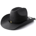 Black western cowboy straw hat with bull head metal badge and retro leather band - M (56-58cm) / All Black