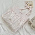 Pink polka dot canvas shoulder bag with pleated design and decorative bow accent - Pink Polka Dots