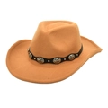 Detail of camel wool felt cowboy hat featuring black leather band and silver conchos - M / Camel
