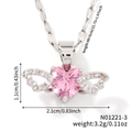 Macro shot of pink heart pendant with cubic zirconia wings and size measurements - Silver Pink Style (N01221-3)