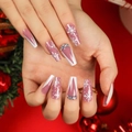 Long coffin Christmas press-on nails with pink ombre, white snowflakes, and small rhinestones - Pink Purple Gradient Snowflake Style (JP2684)