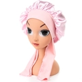 Pink satin baby sleep bonnet with cute bow and adjustable long ribbon ties - One Size / Pink