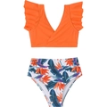 Costume da bagno due pezzi per bambina con top arancione a balze e slip a fiori a vita alta - 152 / Arancione