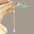 Chinese style hair clip with green enamel leaves, pink flower and golden tassels - F1525 Begonia