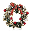 Christmas wreath brooch in antique gold metal with red green and clear rhinestones - BR1326 Antique Gold Wreath Bow