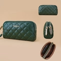 Dark green quilted women's wallet with double zipper and functional card slots - Green