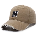 Distressed khaki baseball cap with N letter patch and retro frayed brim detail - Adjustable / Khaki