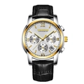 Elegant men's chronograph watch with silver gold case, white dial and black leather strap - Black Leather Strap Gold Case Silver Dial