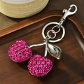 Pink rhinestone encrusted cherry keychain with silver metal leaves and clasp hooks - Silver Rose Red Rhinestone Cherry