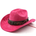 Detail of rose red cowboy hat with embroidered ethnic band and gemstone buckle - M (56-58cm) / Rose Red