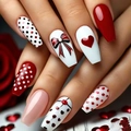 Unghie finte lunghe a ballerina con fiocchi rossi, cuori e pois per San Valentino - Stile Bara Lunga Con Fiocco Dolce Cuore E Pois (AW552)