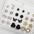 Set of 12 pairs of alloy stud earrings featuring rose and butterfly motifs on a card - Butterfly Star Rose Pearl Set (ER21Y0531-1)