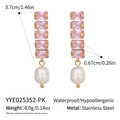 Close-up of 18K gold plated earrings with pink rectangular zircons and a white pearl drop - Gold Pink Rectangle Zircon Pearl Drop Style (YYE025352-PK)