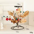 Christmas candle holder 22cm with golden leaves and red green baubles on metal base - Red and Green