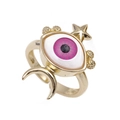 Adjustable gold open ring featuring a pink devil's eye with star and moon accents - Adjustable Open / Star Moon Evil Eye / Gold-Pink Eye