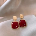 Close-up of red gemstone earrings with gold frames on luxury champagne silk fabric - 13# Silver Earring Post - Wine Red Square Gemstone Style