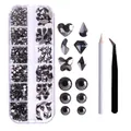 Nail art crystal kit with 12 shapes of dark grey rhinestones, pen, and tweezers - Jet Black with Tweezers & Pen (ZSHZ-216 with Tools)