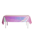 Detailed view of thick iridescent laser tablecloth with pink and purple rainbow metallic sheen - 54x72 Inch / Nail Powder