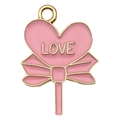 Pink heart and bow enamel pendant with golden LOVE text for DIY jewelry making - 1Pc Lollipop Shape 23x17mm