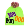 Detail showing neon green Halloween knit beanie with BOO text and pom-pom accent - Fluorescent Green BOO