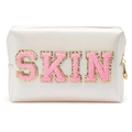 Borsa da trucco in pelle PU bianco crema con lettere SKIN in ciniglia rosa - Bianco (SKIN)
