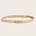 Detail of beige Saffiano leather skinny belt with elegant gold rhinestone twist buckle - Rhinestone Buckle (Gold) Cross Pattern Adjustable Belt (Apricot)