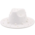 Chapeau fedora en laine blanche à large bord avec perles élégantes et perles en métal - M (56-58cm) / Blanc