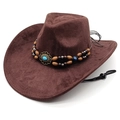 Chapeau de cowboy marron en suédine avec perles en bois et ornement en pierre turquoise - M (56-58cm) / Châtain