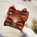 Red plaid Christmas bow hair clips with cute Santa sock and bear resin ornaments - Bow Hair Clip Combo 3 (2pcs)