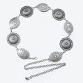 Detail of silver bohemian waist chain with embossed metal discs and lobster clasp closure - Silver