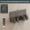 Porta scopa doppio in acciaio inox canna di fucile con fissaggio adesivo senza fori - Porta Mocio Doppio In Acciaio Inossidabile 304 - Grigio Fucile
