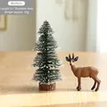 Mini snow-flocked Christmas tree 15cm with wooden base and reindeer figurine decor - 15cm Pagoda Christmas Tree