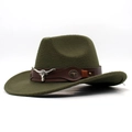 Dark green wool felt western cowboy hat with brown leather band and silver bull head buckle - Army Green