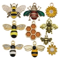 DIY enamel bee and sunflower charms set in gold alloy with crystals for jewelry making - Mixed 10pcs Bee Series Set