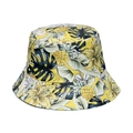 Close-up of yellow bucket hat featuring tropical pineapple and palm leaf patterns - Yellow Tropical Pineapple Floral Print (K)