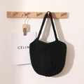 Minimalist black hand-woven cotton rope shoulder bag with vintage V-shaped knit texture - Black