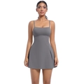 Detail view of grey tennis dress featuring thin straps and side slit for mobility - S / Top And Bottom / Dark Gray